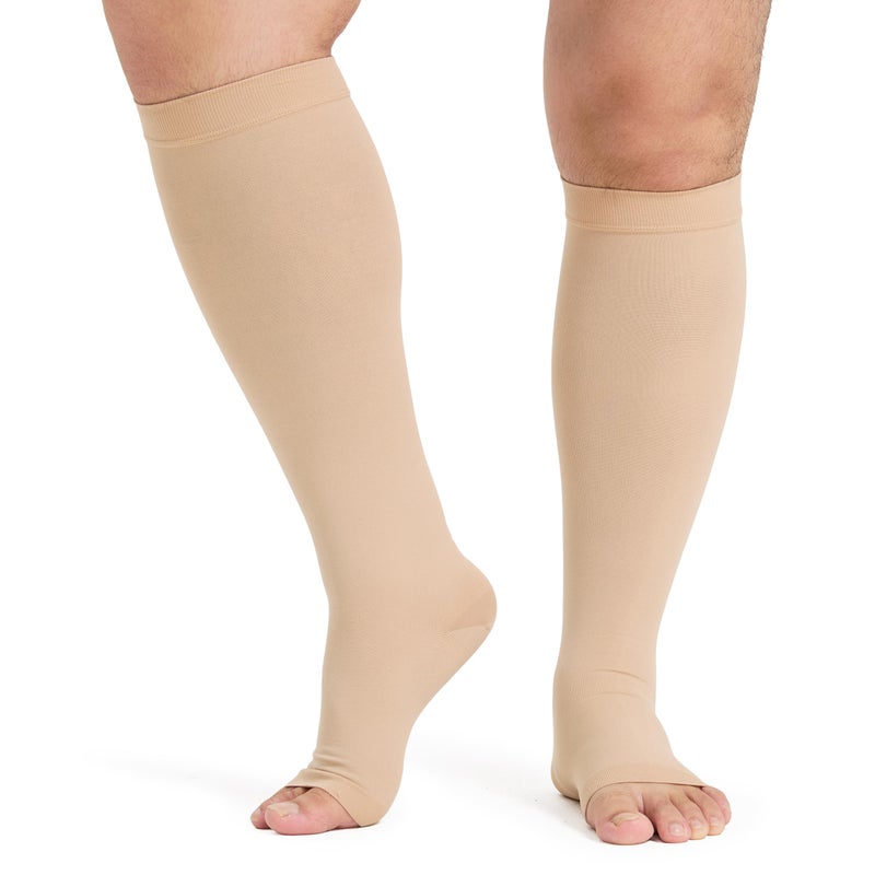 KEKING Extra Wide Calf Compression Socks for Men Women 2030 mmHg Compression Stockings Open Toe Plus Size Knee High Support Hose for Varicose Veins Pain Relief Swelling Beige 5XL